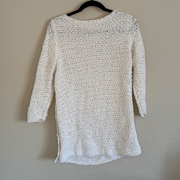 J. Jill Petite Small Cream Fisherman Sweater Open Crochet Knit Button 3/4 Sleeve - Picture 2 of 8